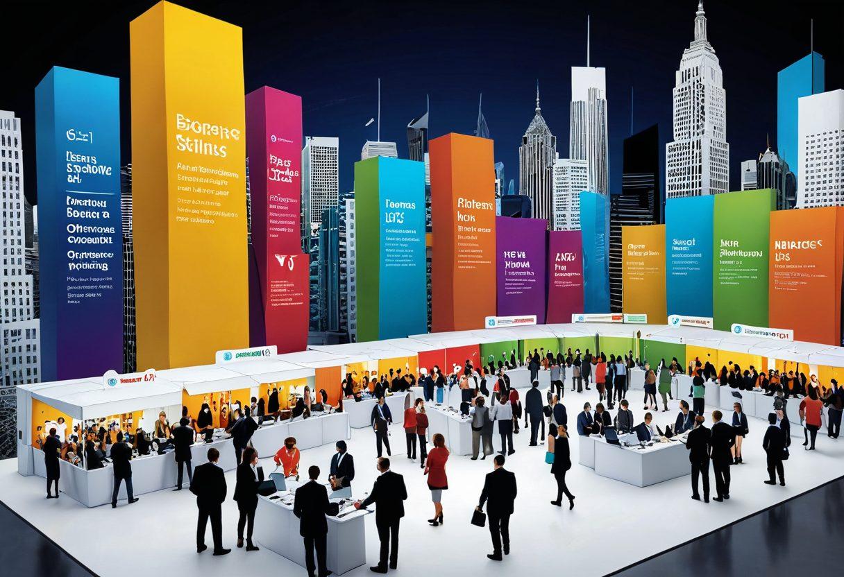 A dynamic scene depicting a diverse group of professionals engaged in a lively job fair, featuring banners for top admin vacancies. Include a backdrop of a bustling cityscape symbolizing opportunities, while individuals discuss resumes and skills. Integrate infographics showcasing vital admin skills, like organization and communication. The atmosphere should convey ambition and optimism. vibrant colors. 3D.