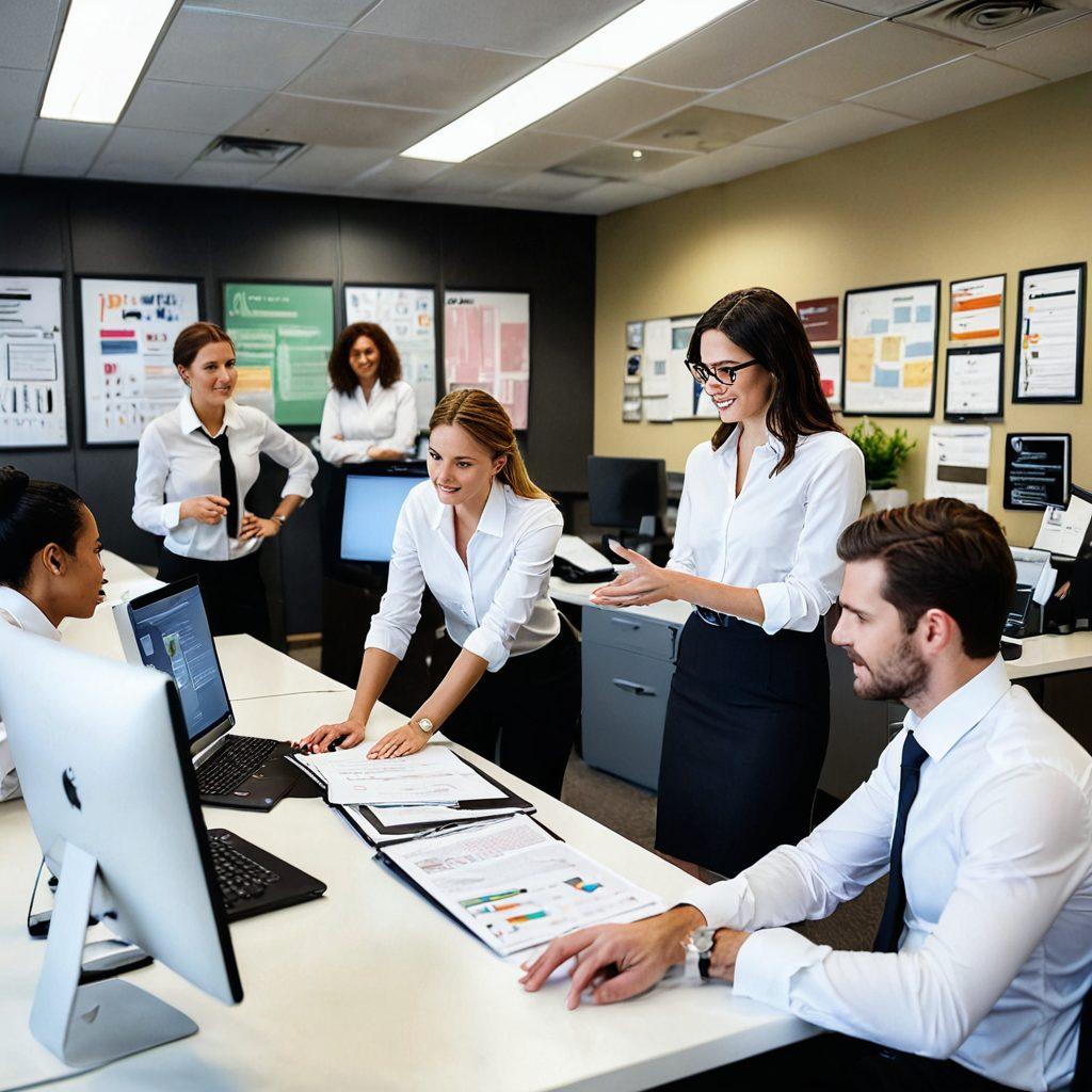 A dynamic office environment featuring a diverse group of professionals collaborating on administrative tasks. Highlight an executive assistant leading a team meeting, while an office support specialist organizes documents and technology. Include modern office furniture and motivational posters on the walls. Emphasize teamwork and efficiency, with bright, inviting colors. super-realistic. vibrant colors. modern design.